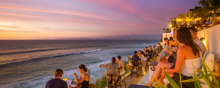Clifftop sunset dining venue overlooking the Indian Ocean in Uluwatu, Bali