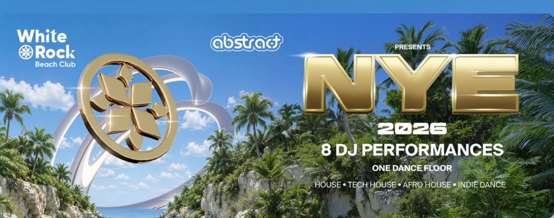 White Rock Beach Club and Abstract NYE 2026 event poster in Bali